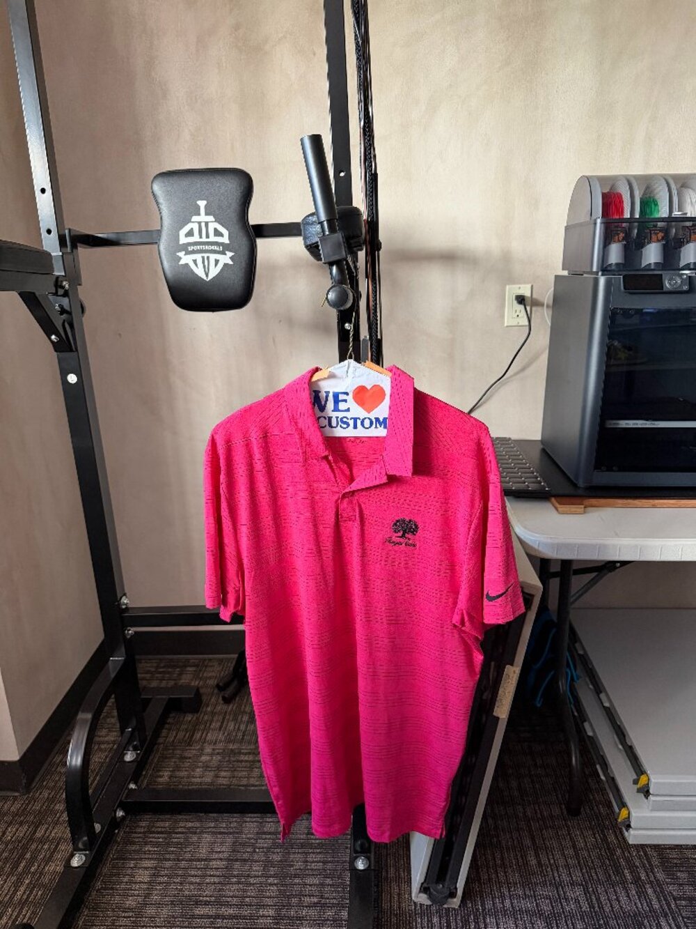Nike Golf Men’s Medium Pink Black Striped Dri-FIT Royal Oaks Polo